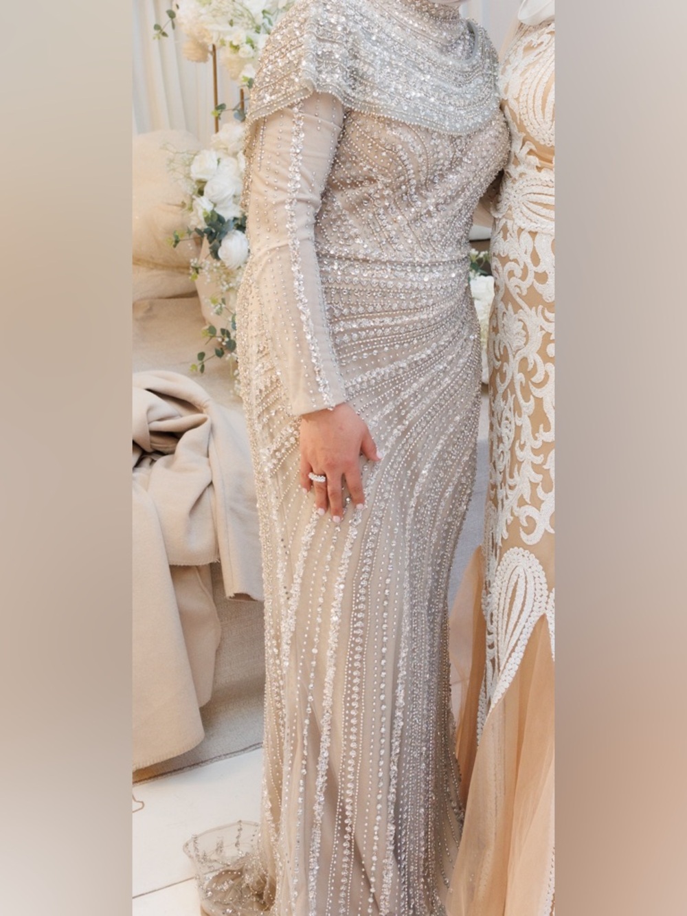 Serene Hill Beaded Champagne Evening Gown - Elegant Long Sleeve Formal Dress